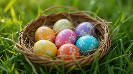 Colorful Easter eggs in a wicker basket on grass.