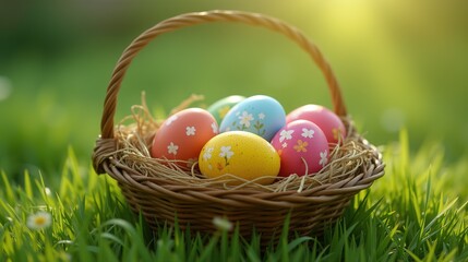 Colorful Easter eggs in a wicker basket on grass.