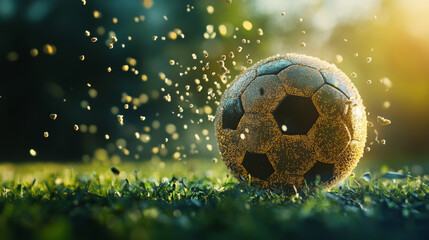 Fototapeta premium Football of the particles carries in the wind. Silhouette of a football player from circles.