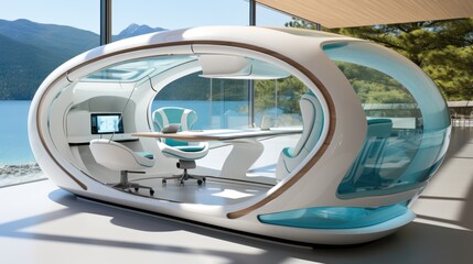 Obraz premium Futuristic Office Pod with Stunning Lake View