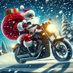 Santa claus riding a motorcycle in snowy winter wonderland at night