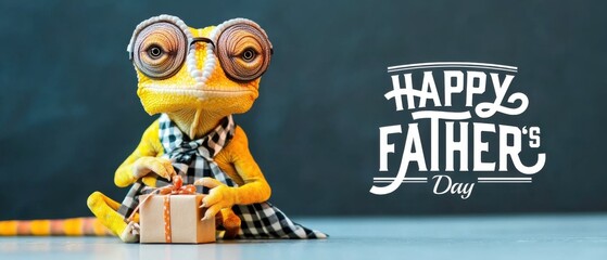 Happy Fathers Day: Adorable Lizard with Gift Celebrates Dad