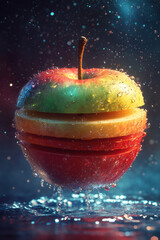 A surreal floating apple, split into layers with each layer hovering separately, revealing vibrant green and red interiors,
