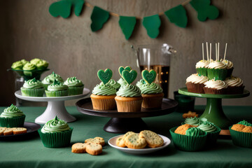 St. patrick's day dessert spread with cupcakes and cookies