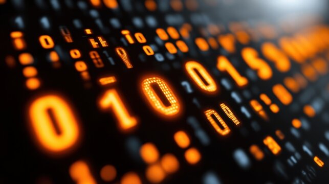 Glowing binary code digits on dark background.