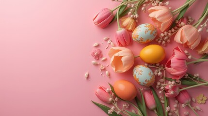 Easter eggs and tulips arranged on a pink background.