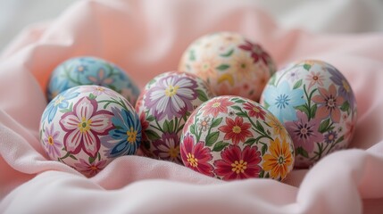 Floral patterned Easter eggs on soft fabric.
