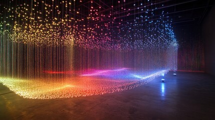 A vibrant light installation featuring cascading colorful strands creating an immersive experience.