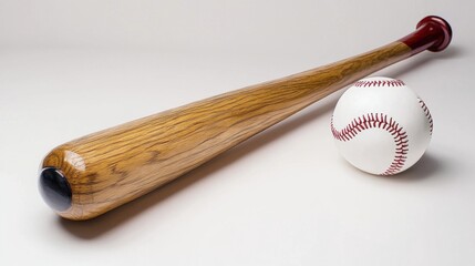 A classic wooden baseball bat with a glossy finish lies next to a well-worn baseball, evoking the spirit of America's pastime.