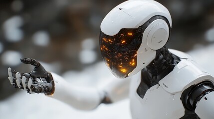 Futuristic robot with glowing faceplate.