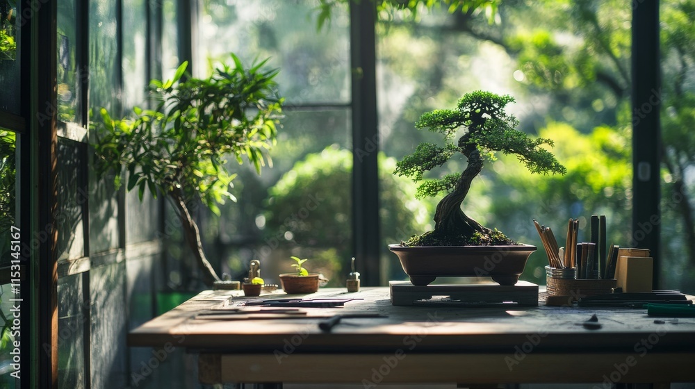Poster a serene bonsai pruning setup in a peaceful greenhouse, bonsai tools and miniature trees neatly plac