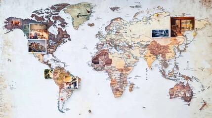 Naklejka premium An artistic world map featuring pinned photographs, evoking curiosity and travel memories.