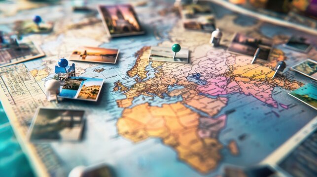 A colorful world map adorned with travel photos and pins, evoking a sense of adventure and exploration.
