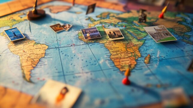 A vibrant world map adorned with travel photos and pins, symbolizing adventure and exploration.