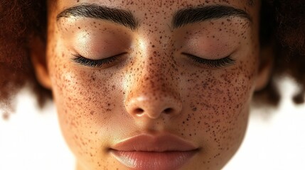 Fototapeta premium Freckled Mixed-Race Woman with Eyes Closed and Natural Beauty