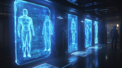 Hologram lock. A holographic projection of security. Flickering energy flux of particles. Scientific design technology.