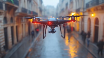 Obraz premium Drone flying over a rainy city street at night.