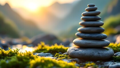 zen, stones, stacked, closeup, textures, intricate, moss, soft, mountain, landscape, sunrise, golden, light, serene, tranquil, harmony, nature, balance, peaceful, meditative, elegant, scenic, outdoors