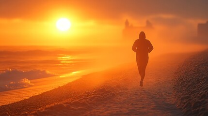Fototapeta premium A person jogging along a beach at sunset, surrounded by fog and warm colors.