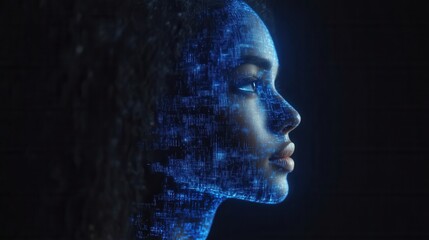 Woman's face overlaid with glowing blue digital code.