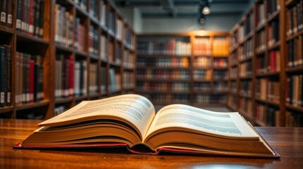 Fototapeta premium Open Book on wood table and blurred bookshelf in the library, education background, back to school concept