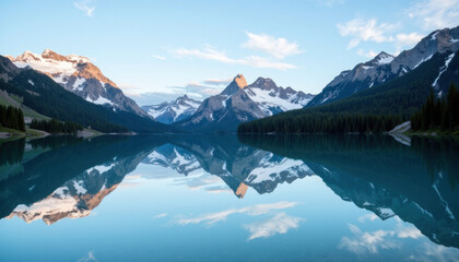 Fototapeta premium Serene mountain lake with crystal-clear waters reflecting snow-capped peaks, tranquil natural beauty