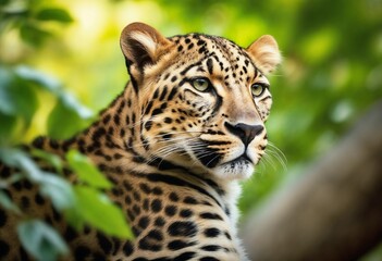Fototapeta premium Close-up of a leopard in lush greenery with sharp eyes and distinctive spots
