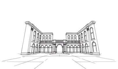Fototapeta premium Elegant Mansion Sketch: Detailed Architectural Line Drawing. AI Generated