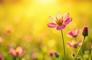 Sunlit pink flowers in bloom with golden bokeh background