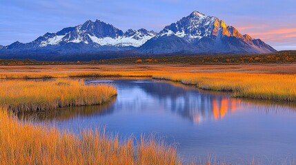 Obraz premium Serene Landscape with Majestic Mountains and Tranquil Waters at Sunrise