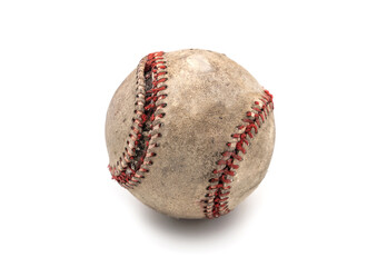 Old Worn out baseball with broken stitching  isolated on white background.