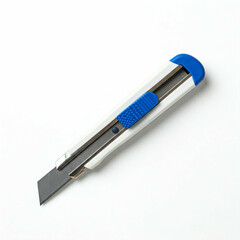 close up of a white and blue utility knife on a white background
