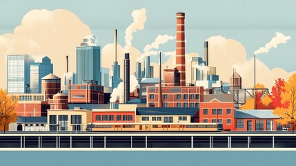 Obraz premium Industrial Cityscape Featuring Train and Autumn Trees