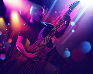 Fototapeta premium A young male musician passionately playing an electric guitar amidst vibrant lights and colors.