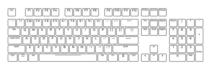 Computer keyboard button layout template with letters for graphic use. Modern computer keyboard. Vector illustration