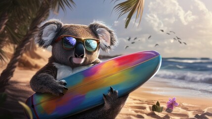 A playful koala, wearing sunglasses, holds a colorful surfboard on a sunny beach, embodying a fun, relaxed vibe.