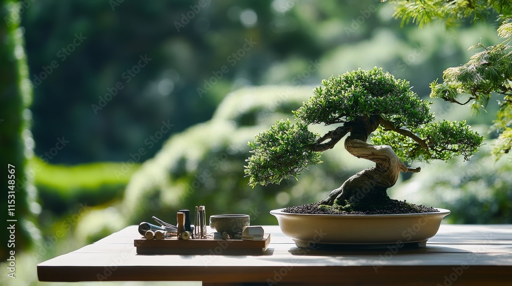 Poster a serene bonsai tree care setup in a japanese garden, bonsai tools and miniature trees neatly placed