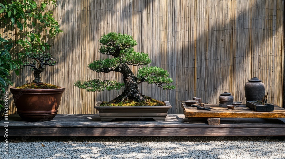 Poster a serene bonsai tree care setup in a japanese garden, bonsai tools and miniature trees neatly placed