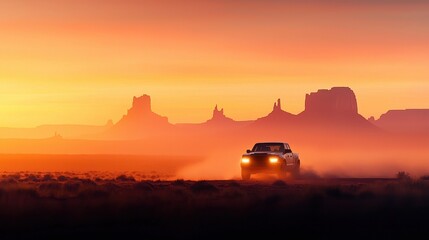 Classic SUV Driving Through Desert Landscape at Sunrise with Monument Valley Silhouette