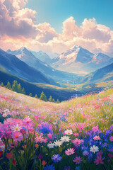 Fototapeta premium A bright and cheerful digital illustration of a breathtaking meadow filled with vibrant pink, purple, and white wildflowers blooming under a bright, clear sky. 
