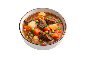 Beef Stew in Bowl on White Background - Tender Chunks of Beef, Potatoes, Carrots, and Green Peas