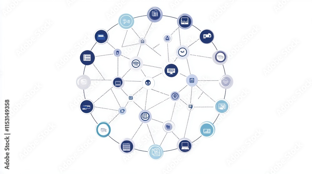 Poster abstract illustration of interconnected technology nodes representing data flow and communication.