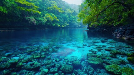 Obraz premium Serene Tropical Lagoon Surrounded by Lush Greenery and Clear Blue Waters at Dusk