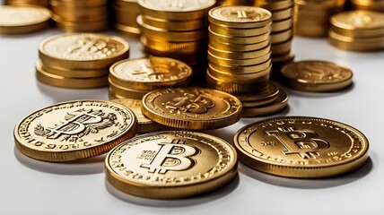 Collection Piles money gold coins of gleaming with isolated against transparent background.