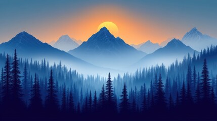Obraz premium Serene Sunset Over Misty Mountains and Forest