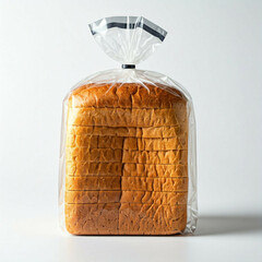 fresh sliced bread loaf in clear plastic bag on white background