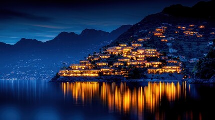 Fototapeta premium Tranquil Nightscape of Illuminated Village Along Serene Lake Surrounded by Mountains