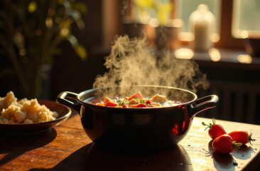 Steaming vegetable soup in a pot with sunlit tomatoes on rustic table