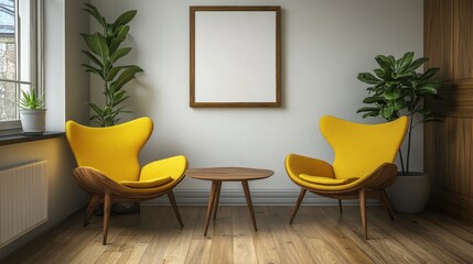 Two yellow armchairs, wooden coffee table, and framed poster in a minimalist room.
