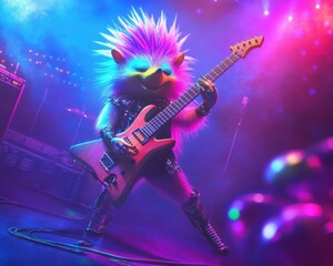 Obraz premium An animated hedgehog rocking out on stage with an electric guitar, vibrant colors, and a lively atmosphere.